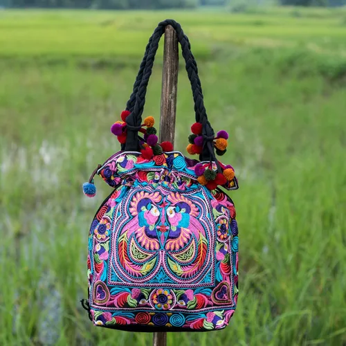 Miniatura 4 de changnoi Bolsa de mano con cordón hecho a mano bolsa de compras bordada Hmong Tribes
