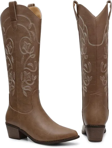 Miniatura 4 de SHIBEVER Botas vaqueras vaqueras para mujer Botas hasta la rodilla para mujer, botas occidentales bordadas con tacón grueso y ancho de pantorrilla