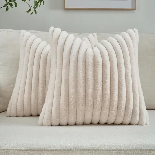 Miniatura 75 de FUTEI - Juego de 2 fundas de almohada decorativas con rayas, cuadradas, para invierno, piel sintética de conejo suave y acogedora y respaldo