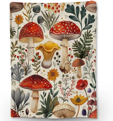 Manta vintage de hongos | Manta de franela suave, cálida y ligera, perfecta para sofá, cama, decoración, viajes y uso al aire libre, mantas