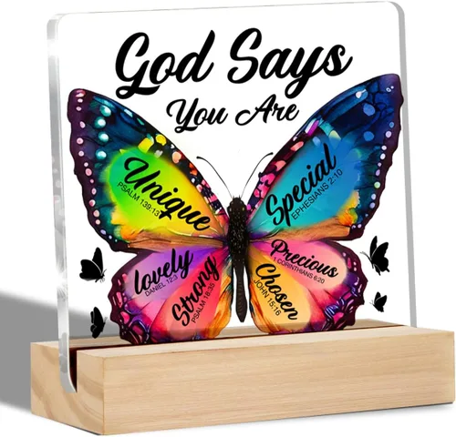Regalo cristiano inspirador para mujeres, hija, hermana, amigas, regalos religiosos, letrero de escritorio transparente de mariposa con texto en