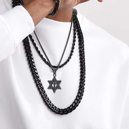 Miniatura 75 de U7 - Collar con Estrella de David para hombres y mujeres, dije hexagonal de acero inoxidable con cruz/piedra de rubí/collares clásicos judíos