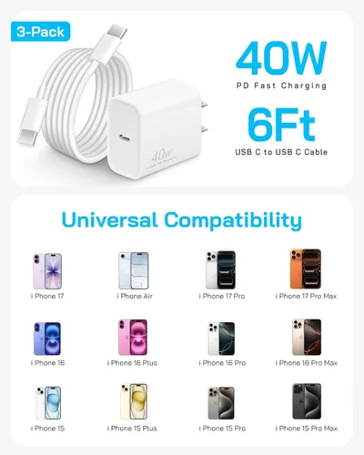 Miniatura 7 de Cargador de carga rápida para iPhone 17, 16, 15 Pro, bloque de carga rápida USB-C de 40 W para iPhone con cable de carga tipo C a C de 6 FT