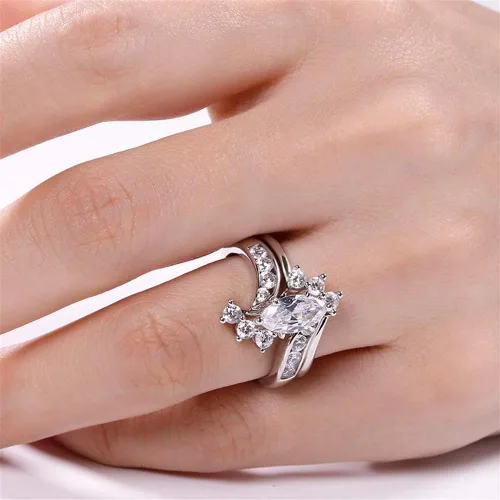 Miniatura 2 de Jeulia - Juego de anillos de boda con corte de marquesa de plata de ley, anillos de compromiso con circonia cúbica y diamante blanco solitario