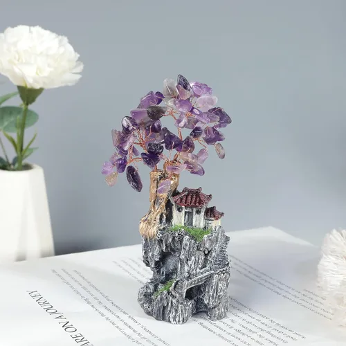 Miniatura 4 de rockcloud Casa de Montaña Interior Paisaje Amatista Cristal Árbol del Dinero Feng Shui Bonsái Ornamento Decoración del Hogar