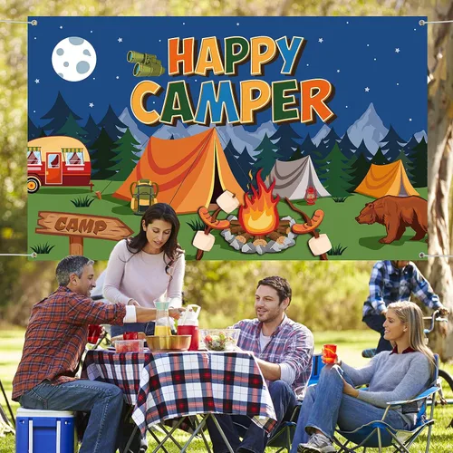 Miniatura 7 de Tatuo Telón de fondo de campamento Happy Camper - Fondo de fotos para colgar en la pared para niños, niños, adolescentes, suministros de fiesta