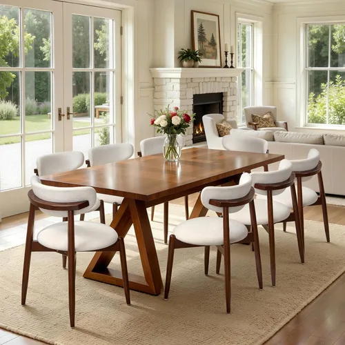Miniatura 19 de CHUN YI Juego de 2 sillas de comedor tapizadas de madera maciza, sillas auxiliares de cocina de tela moderna de mediados de siglo con respaldo Beige