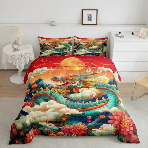 Miniatura 16 de Manfei Juego de edredón de flor de cerezo para niños, tamaño individual, juego de ropa de cama de animales salvajes con grúa Ukiyo-e japonés