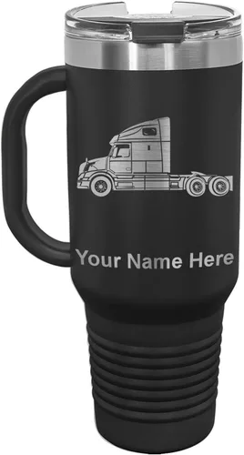 Miniatura 10 de LaserGram Taza de café aislada al vacío de 15 onzas, cabina de camión, grabado personalizado incluido (negro)