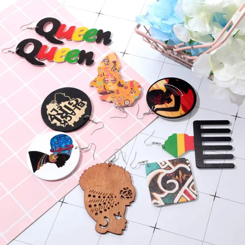 Miniatura 6 de 12 pares de pendientes de madera con mapas africanos y pendientes étnicos naturales