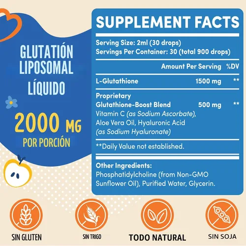 Miniatura 2 de Prunucis Líquido de glutatión liposomal de 2000 MG, 98% de absorción, suplemento activo de L-glutatión, apto para veganos, potente complejo