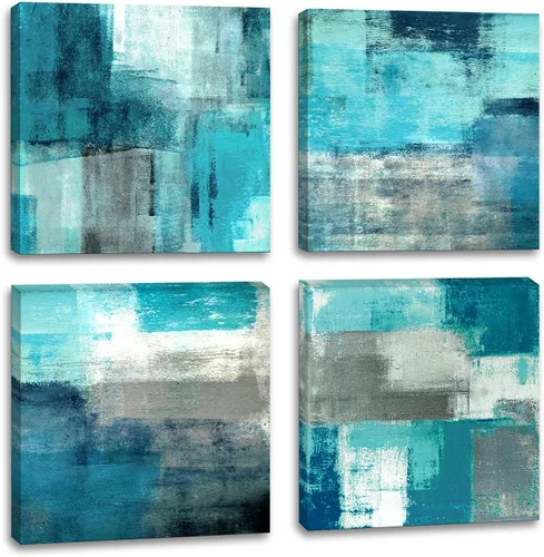 DYYJ Lienzo abstracto para pared, pintura de arte abstracto turquesa y gris, 12 x 12 pulgadas, 4 piezas de impresiones en lienzo para dormitorio,