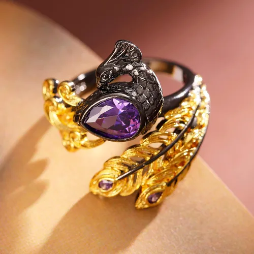 Miniatura 6 de Gothic Golden Feather Amethyst Rings - Black Peacock Rhinestone Copper Rings