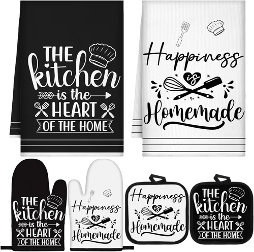 Miniatura 13 de Sratte Juego de 6 Piezas de Accesorios de Decoración de Cocina Estilo Granja Toallas Agarraderas Manoplas de Horno Juego de 2 Paños de Cocina 2 Negro