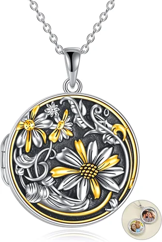 JOERPH Sterling Silver Sunflower Locket Necklace for Women Mom Wife Photo Picture Locket Necklace Vintage Memory Lockets Necklace Jewelry for