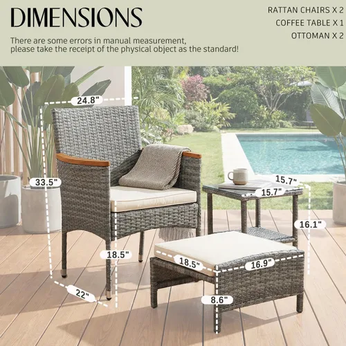 Miniatura 2 de Juego de 5 muebles de patio al aire libre con mesa y otomana para exteriores, juego de patio de mimbre bistró