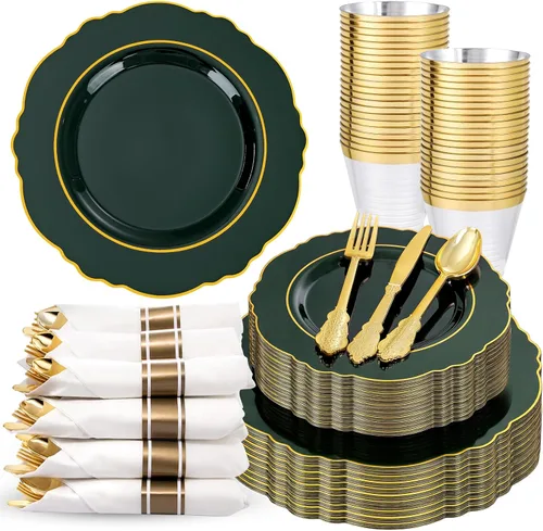 Miniatura 14 de Liacere 350 platos de plástico dorados, platos desechables blancos y dorados, vajilla de plástico barroco para 50 invitados, incluye 100 platos, 50