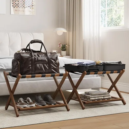 Miniatura 19 de Smart FENDEE Portaequipajes negro totalmente montado, soporte para maleta con estante para zapatos, soporte de equipaje plegable de madera