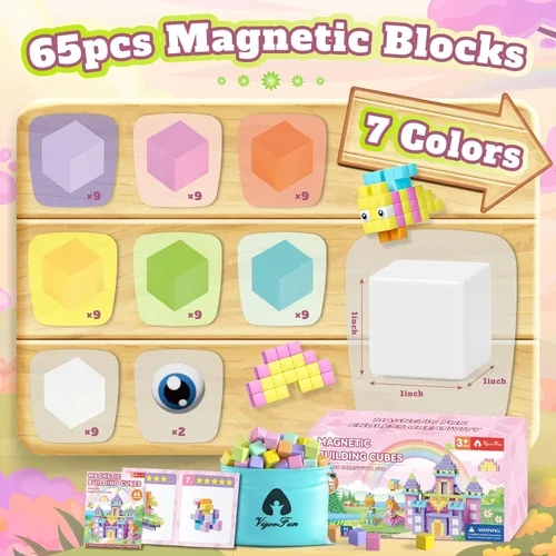 Miniatura 2 de Juego de 65 bloques magnéticos, bloques de construcción magnéticos de 1 pulgada con ojos de juguete y bolsa de almacenamiento para regalos de niños