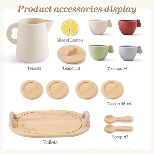 Miniatura 8 de Juego de Fiesta de Té para Niños, Juego de Té de Madera para Niñas y Niños, Accesorios de Cocina de Juguete para Niños, Juego de Té para Niños