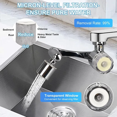 Miniatura 2 de Extensor de grifo giratorio de 1080°, filtro de fregadero de baño, filtro de agua de grifo con 2 modos de salpicadura, sistema de filtración de tasa