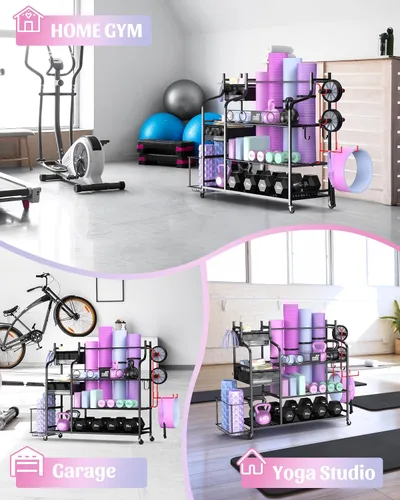 Miniatura 6 de Mythinglogic Soporte de pesas para mancuernas, almacenamiento de gimnasio en casa para esterilla de yoga, pesas rusas y equipo de entrenamiento