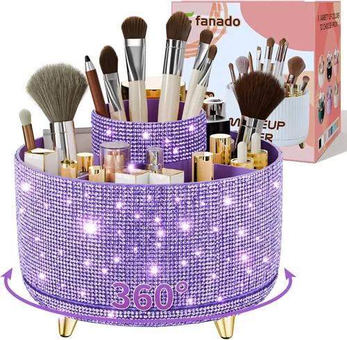 Miniatura 8 de fanado Bling Diamond - Soporte para brochas de maquillaje, organizador de maquillaje giratorio de 360°, vaso para brochas de maquillaje de 5 ranuras