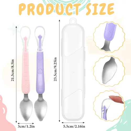 Miniatura 2 de Lallisa 2 cucharas de silicona para bebés, cuchara de comida para bebés de doble cabeza, alimentador de frutas, raspador de alimentos suave para rosa
