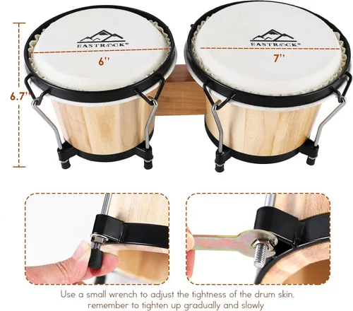 Miniatura 3 de EastRock Bongo - Juego de tambor de 6 y 7 pulgadas para adultos, principiantes, profesionales, instrumentos de percusión de madera y metal con bolsa