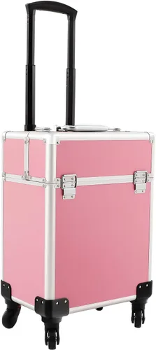 Miniatura 10 de Estuche de maquillaje profesional, estuche de aluminio para cosméticos con ruedas silenciosas, 4 bandejas plegadas y varilla retráctil, capacidad