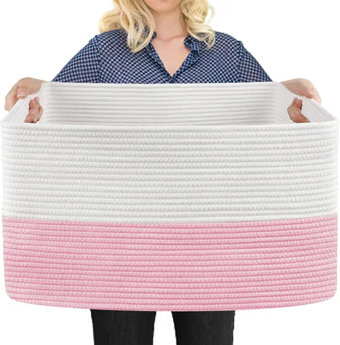 MEGASKET Cesta de almacenamiento grande de color rosa, 22 x 17 x 12 pulgadas, contenedor rectangular de cuerda de algodón para organizar, Blanco y