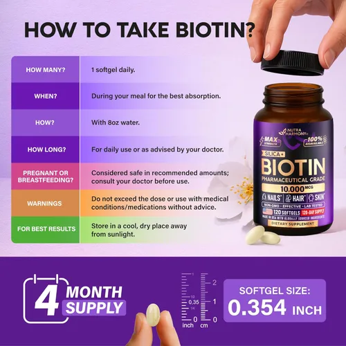 Miniatura 8 de Biotina 10000mcg con silicio – Suplemento de biotina de grado farmacéutico para mujeres – Apoyo al crecimiento del cabello, piel y uñas – Máxima