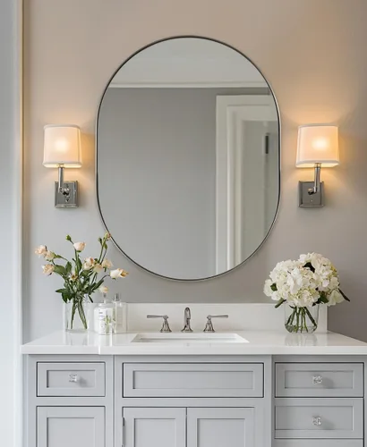 ANDY STAR Espejo de baño ovalado de 24 x 32 pulgadas, diseño ovalado de níquel en forma de píldora en marco de metal de acero inoxidable para baño,