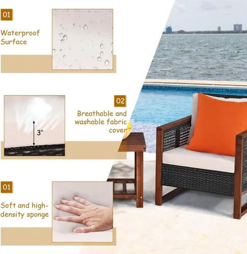 Miniatura 9 de Tangkula Juego de muebles de mimbre de 3 piezas, juego de sofá de ratán para exteriores con cojín lavable y mesa de centro de madera de acacia