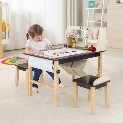 Miniatura 3 de Costzon Juego de mesa y silla de arte para niños, mesa de actividades de madera y 2 taburetes con rollo de papel, 2 marcadores, 2 cubos