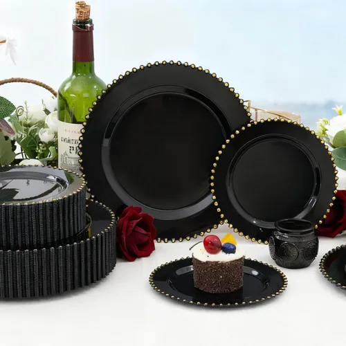 Miniatura 5 de supernal 100 piezas Platos de plástico negros y dorados, platos desechables negros, suministros de fiesta de Halloween que incluyen 50 platos