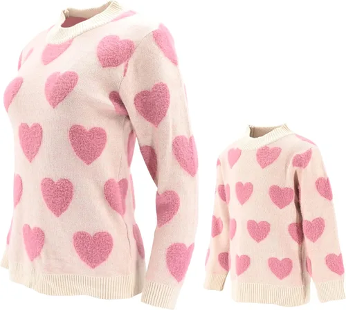 Miniatura 2 de Unique Baby Suéter de punto con cuello redondo para niñas Mommy and Me, Rosado con corazones