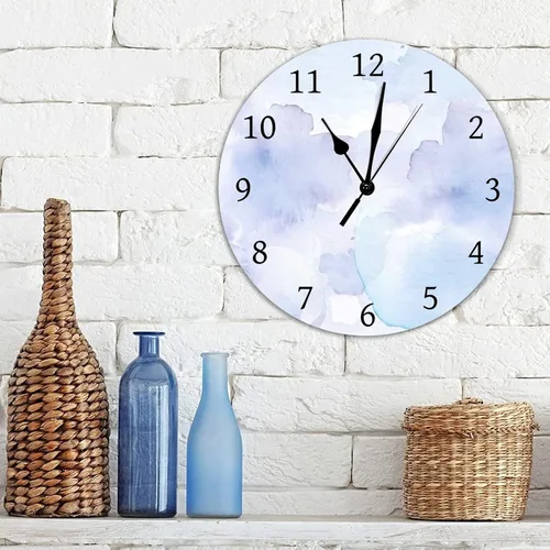 Miniatura 4 de Reloj de pared de acuarela de color morado y gris con lunares y formas, reloj de pared de PVC, funciona con pilas, silencioso, sin tictac, 12