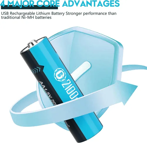 Miniatura 6 de Baterías de litio recargables USB de 1.5 V, tamaño AA, batería doble A de larga duración, 2100 mAh con cable de carga, paquete de 4