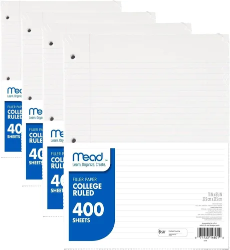 Miniatura 9 de Mead Papel de hojas sueltas, papel de cuaderno de relleno con rayas universitarias, 8-1/2 x 11 pulgadas, 400 hojas, se adapta a carpetas de 3