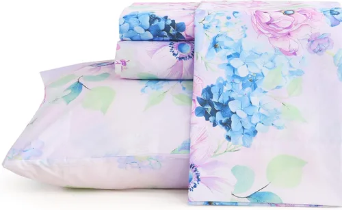 Miniatura 10 de JSD Juego de sábanas con estampado floral azul, tamaño Queen, 4 piezas, sábanas de microfibra con patrón suave, bolsillo extra profundo Sakura