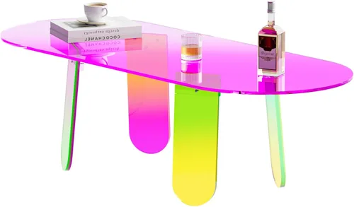 Mesa auxiliar de acrílico grande, mesa iridiscente extra larga de 47.2 pulgadas con alfombrilla de PVC, mesa auxiliar para sala de estar, mesa