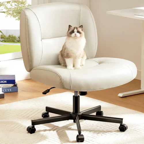 Miniatura 10 de Marsail Silla Cruzada con Ruedas: Silla de Oficina de Cuero PU con Patas Cruzadas, Silla de Escritorio Ancha sin Brazos, Silla Giratoria de Altura