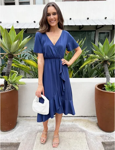 Miniatura 4 de LAISHEN Vestido de maternidad para sesión de fotos, manga corta, cuello en V, volantes, casual, baby shower, boda, invitada, ropa de embarazo