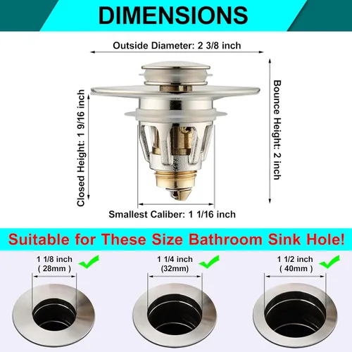 Miniatura 2 de Tapón Universal para Lavabo de Baño - Filtro de Drenaje de Lavabo con Rebote, Tapón de Drenaje Emergente de Níquel Cepillado, Tapón de Fregadero