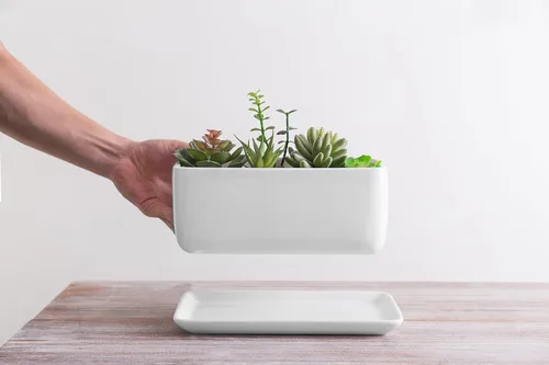 Miniatura 5 de Maceta moderna rectangular minimalista de cerámica de 10 pulgadas para plantas suculentas/Caja abierta con platillo, Moderno, Blanco