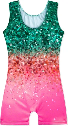 Miniatura 61 de HOZIY - Leotardos de gimnasia con pantalones cortos brillantes para niñas pequeñas; estampados de unicornio, aurora, arco iris, sirena, dinosaurio