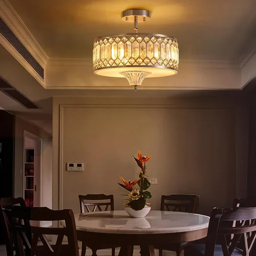 Miniatura 2 de Gold Crystal Ceiling Light Fixture for Hallway Foyer Bedroom Kitchen Island, 13" Modern Drum Round Close to Ceiling Light Fixture, 3-Light, Brushed