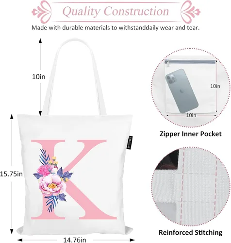 Miniatura 3 de Bolsas de lona con iniciales florales, bolso personalizado con letras rosas con monograma, regalo de Navidad, graduación de cumpleaños, letra D