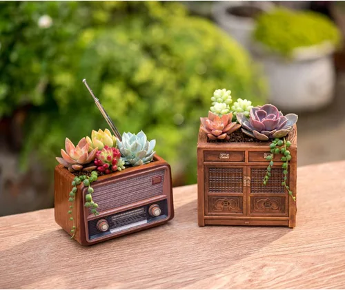 Miniatura 2 de Macetas de madera, mini maceta, maceta retro de resina para suculentas, bonsái, soporte de escritorio, mini adorno (caoba radio)